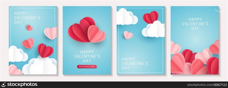 Valentine’s day posters or banner set with blue sky and paper cut clouds, heart. place for text. holiday banners, web, poster, flyers, voucher template, brochures and greeting cards. vector design.