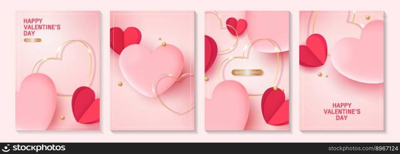 Valentine’s day posters or banner set with pink hearts and gold heart. place for text. holiday banners, web, poster, flyers, voucher template, brochures and greeting cards. vector design.