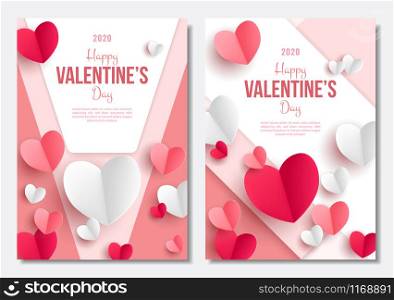 Valentine's day posters set. 3d red and pink paper hearts with frame on geometric background. Cute love sale banners or greeting cards. Vector illustration.