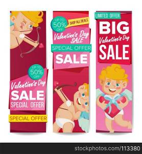 Valentine s Day Sale Banner Set Vector. February 14 Cupid. Online Shopping. Valentine Website Vertical Banners, Romantic Promo Design. Love Advertising Special Element Discount. Isolated Illustration. Valentine s Day Sale Banner Vector. February 14 Cupid. December Sale Banner. Website Stickers, Valentine Web Design. Up To 50 Percent Off Promotion Love Vertical Banners. Isolated Illustration