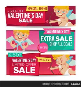 Valentine s Day Sale Banner Set Vector. February 14 Cupid. Valentine Online Shopping. Horizontal Discount Banners. Love Promo Sale Banner Tag. Romantic Price Offer Labels. Isolated Illustration. Valentine s Day Sale Banner Vector. February 14 Cupid. Discount Tag, Special Love Offer Horizontal Banners. Valentine Discount And Promotion. Half Price Romantic Stickers. Isolated Illustration