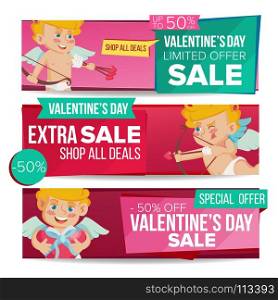 Valentine s Day Sale Banner Vector. February 14 Cupid. Discount Tag, Special Love Offer Horizontal Banners. Valentine Discount And Promotion. Half Price Romantic Stickers. Isolated Illustration. Valentine s Day Sale Banner Set Vector. February 14 Cupid. Valentine Online Shopping. Horizontal Discount Banners. Love Promo Sale Banner Tag. Romantic Price Offer Labels. Isolated Illustration