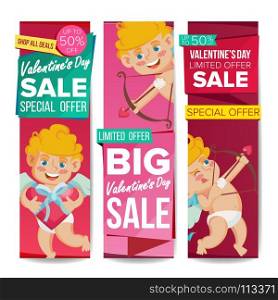 Valentine s Day Sale Banner Vector. February 14 Cupid. December Sale Banner. Website Stickers, Valentine Web Design. Up To 50 Percent Off Promotion Love Vertical Banners. Isolated Illustration. Valentine s Day Sale Banner Set Vector. February 14 Cupid. Online Shopping. Valentine Website Vertical Banners, Romantic Promo Design. Love Advertising Special Element Discount. Isolated Illustration