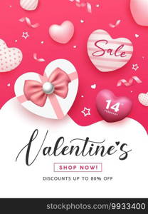 Valentine s day sale, gift box heart shape pink ribbon, and balloon heart poster flyer design on pink background, Eps 10 vector illustration