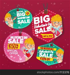 Valentine s Day Sale Love Tags Vector. Flat February 14 Special Offer Stickers. Cupid. 50 Off Text. Hanging Sale Banners With Half Price. Modern Illustration. Valentine s Day Sale Tags Vector. Colorful Shopping Discounts Stickers. Cupid. Love Discount Concept. Season February 14 Sale Promotion Illustration