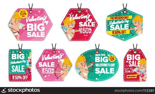 Valentine s Day Sale Tags Vector. Colorful Shopping Discounts Stickers. Cupid. Love Discount Concept. Season February 14 Sale Red, Green Banners. Promotion Illustration. Valentine s Day Theme Sale Tags Vector. Flat Paper Hanging Love Stickers. Cupid. February 14 Discount Hanging Banners For Holiday Discount Promotion. Winter Illustration