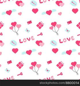 Valentine s day, seamless pattern, vector. Balloons, hearts, letters, key, message, gift, hand lettering Love.