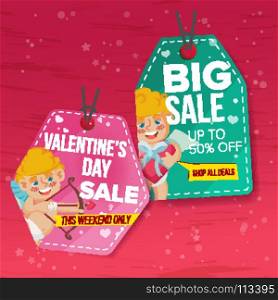 Valentine s Day Theme Sale Tags Vector. Flat Paper Hanging Love Stickers. Cupid. February 14 Discount Hanging Banners For Holiday Discount Promotion. Winter Illustration. Valentine s Day Sale Tags Vector. Flat February 14 Special Offer Love Stickers. Cupid. 50 Off Text. Hanging Red, Green Banners With Half Price. Modern Illustration