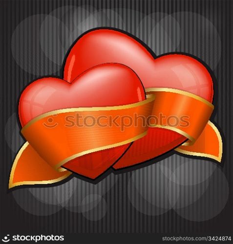 Valentine`s Day two heart with orange ribbon. EPS 10