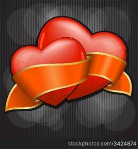 Valentine`s Day two heart with orange ribbon. EPS 10