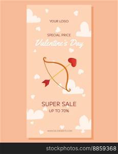 Valentine’s Day vertical Super Sale banner template design. Bow and arrow with a heart-shaped arrowhead, clouds and heart around on beige back. Special Price concept online shopping. Valentine’s Day vertical Super Sale banner template design. Bow and arrow with a heart-shaped arrowhead, clouds and heart around on beige back. Special Price concept online shopping.