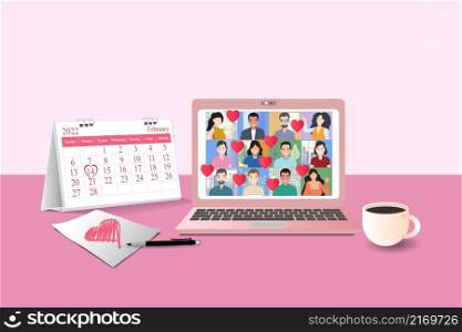 Valentine's day Video meeting of a people group. heart shape, Online communication. at home on laptops. Composition pictures on a home desk. with Calendar marked on 14th February 2022, and Coffee cup.