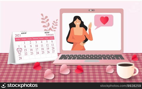 Valentine’s day Video meeting of a people group. Online communication. at home on laptops. Composition pictures on a home desk. with Calendar marked on 14th February 2021 paper heart ant Coffee cup.