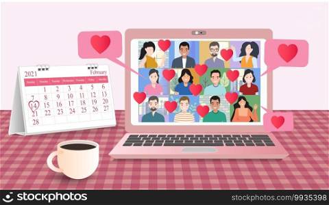 Valentine’s day Video meeting of a people group. Online communication. at home on laptops. Composition pictures on a home desk. with Calendar marked on 14th February 2021 paper heart ant Coffee cup.