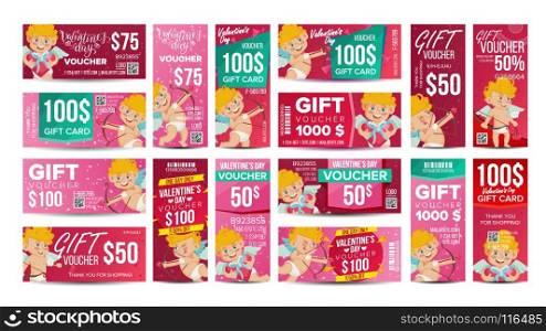 Valentine s Day Voucher Gift Design Vector. Set Horizontal Vertical Discount. Happy Valentine Cupid And And Gifts. February 14 Advertisement. Marketing Illustration. Valentine s Day Voucher Gift Design Vector. Set Horizontal Vertical Discount. Happy Valentine Cupid And And Gifts. February 14 Advertisement. Illustration