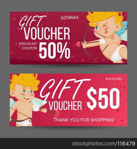 Valentine s Day Voucher Vector. Horizontal Free Banner. February 14. Valentine Cupid And Gifts. Love Advertisement. Cute Gift Red Illustration. Valentine s Day Voucher Template Vector. Horizontal Free Card. February 14. Valentine Cupid And Gifts. Holidays Love Advertisement. Gift Certificate Red Illustration