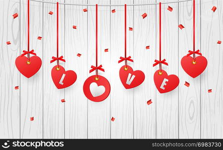 Valentine's decorative hearts hanging on white wooden background, Vector illustration