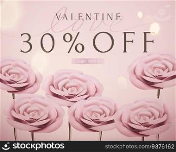 Valentine sale romantic template with baby pink paper rose in 3d illustration. Valentine sale romantic template