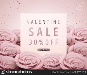 Valentine sale romantic template with baby pink paper rose in 3d illustration. Valentine sale romantic template