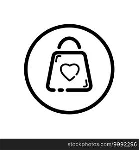 Valentine shopping bag with heart. Love symbol. Commerce outline icon in a circle. Isolated vector illustration