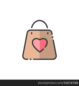 Valentine shopping bag with heart. Love symbol. Filled color icon. Isolated commerce vector illustration. Valentine shopping bag with heart. Love symbol. Filled color icon. Commerce vector illustration