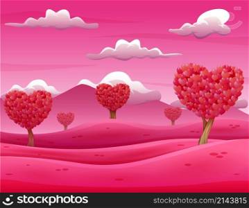 Valentine trees landscape with heart shaped leaves
