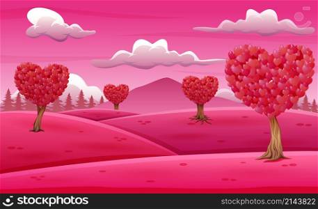 Valentine trees landscape with heart shaped leaves