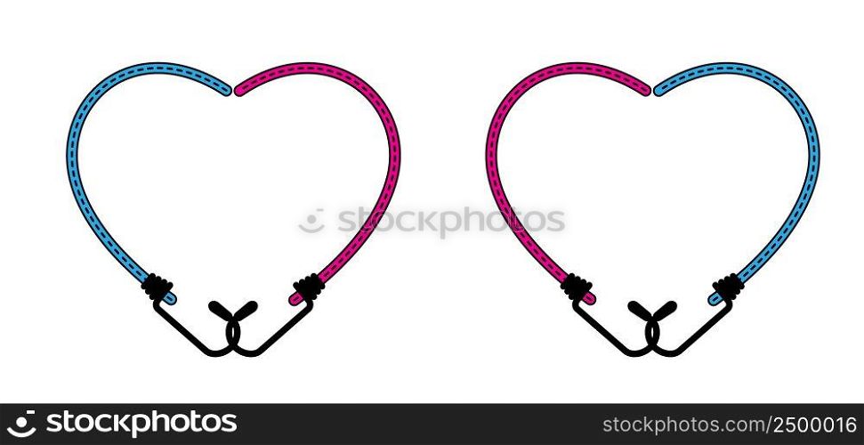 Valentine, valentines day. Love heart with elastic with hook. Cord with Hooks. Spider sign. Rope icon. For Braided elastic strap with hooks. Elastic band. Bungee cords. Rubber strap with steel hooks. 