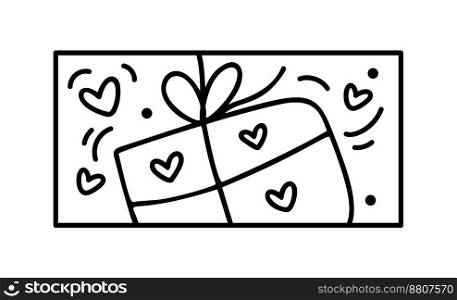 Valentine vector composition gift box with hearts. Hand drawn love holiday constructor logo in rectangle horizontal frame for greeting card, web design invitation.. Valentine vector composition gift box with hearts. Hand drawn love holiday constructor logo in rectangle horizontal frame for greeting card, web design invitation