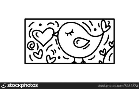 Valentine vector composition happy bird and hearts. Hand drawn love holiday constructor logo in rectangle horizontal frame for greeting card, web design invitation.. Valentine vector composition happy bird and hearts. Hand drawn love holiday constructor logo in rectangle horizontal frame for greeting card, web design invitation