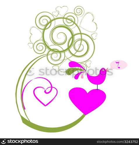 Valentines abstract tree with bird singing, vector illustration