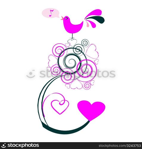 Valentines abstract tree with bird singing, vector illustration