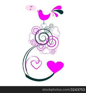Valentines abstract tree with bird singing, vector illustration