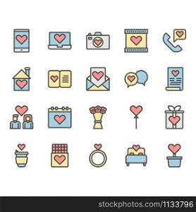 Valentines and love icon and symbol set in color outline design