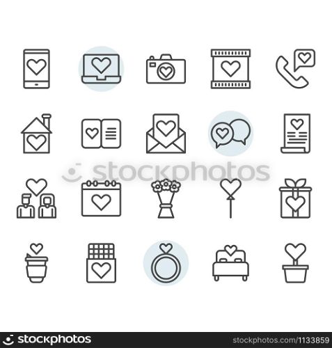 Valentines and love icon and symbol set in outline design