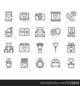 Valentines and love icon and symbol set in outline design