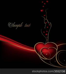 Valentines black, red and gold vector background with hearts and lovers