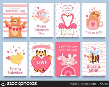 Valentines cards with cute animals. Posters for valentine day with cartoon bunny, unicorn, flamingo and bee. Animals with hearts vector set, Poster and card bear tiger greeting valentine illustration. Valentines cards with cute animals. Posters for valentine day with cartoon bunny, unicorn, flamingo and bee. Animals with hearts vector set