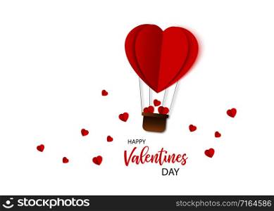Valentines Day. Air balloon in heart shape flying with hearts. Paper art and origami design. Illustration of the Love. Vector illustration