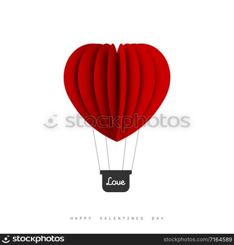 Valentines Day. Air balloon in heart shape. Paper art and origami design. Illustration of the Love. Vector illustration