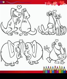 Valentines Day and Love Themes Collection Set of Black and White Cartoon Illustrations with Animals Couples for Coloring Book