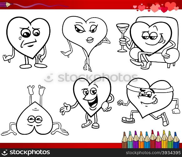 Valentines Day and Love Themes Collection Set of Black and White Cartoon Illustrations with Heart Characters for Coloring Book