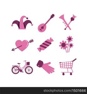 Valentines Day and shopping flat color vector objects set. Heart, flowers and candy romantic present. Jester hat and musical instruments 2D isolated cartoon illustrations on white background. Valentines Day and shopping flat color vector objects set