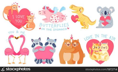 Valentines day animal couples. Cute unicorn with butterflies, cats, bears, koala and flamingo in love. Cartoon animals hold heart vector set. Cute couple greeting animal to valentine day. Valentines day animal couples. Cute unicorn with butterflies, cats, bears, koala and flamingo in love. Cartoon animals hold heart vector set