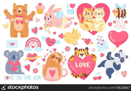 Valentines day animals. Cupid bunny, pet cats love couple hug, tiger, koala and panda with hearts. Happy valentines cute sticker vector set. Illustration love cute cat and panda, sloth and tiger. Valentines day animals. Cupid bunny, pet cats love couple hug, tiger, koala and panda with hearts. Happy valentines cute sticker vector set