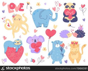 Valentines day animals. Cute kids animals with hearts, funny characters in love, elephant, octopus and sloth, hedgehogs couple, bear with balloon and cat, decor collection, vector cartoon isolated set. Valentines day animals. Cute kids animals with hearts, funny characters in love, elephant, octopus and sloth, hedgehogs couple, bear with balloon and cat, vector cartoon isolated set