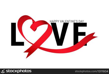 Valentines day background heart with ribbon and typography of happy valentines day text