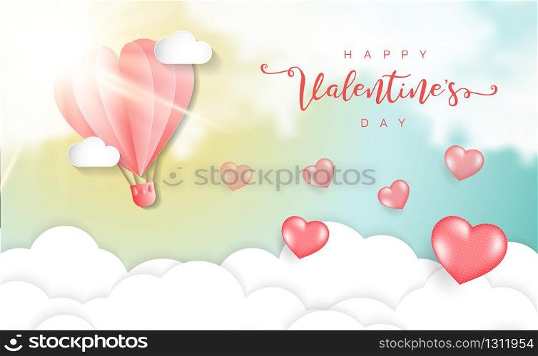 Valentines day background.Origami made hot air balloon flying heart float on the cloud. Vector illustration.