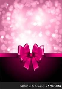 Valentines Day background with a glossy pink ribbon and bokeh lights