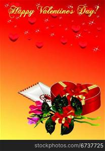 Valentines Day background with bucket roses, envelope and gift box